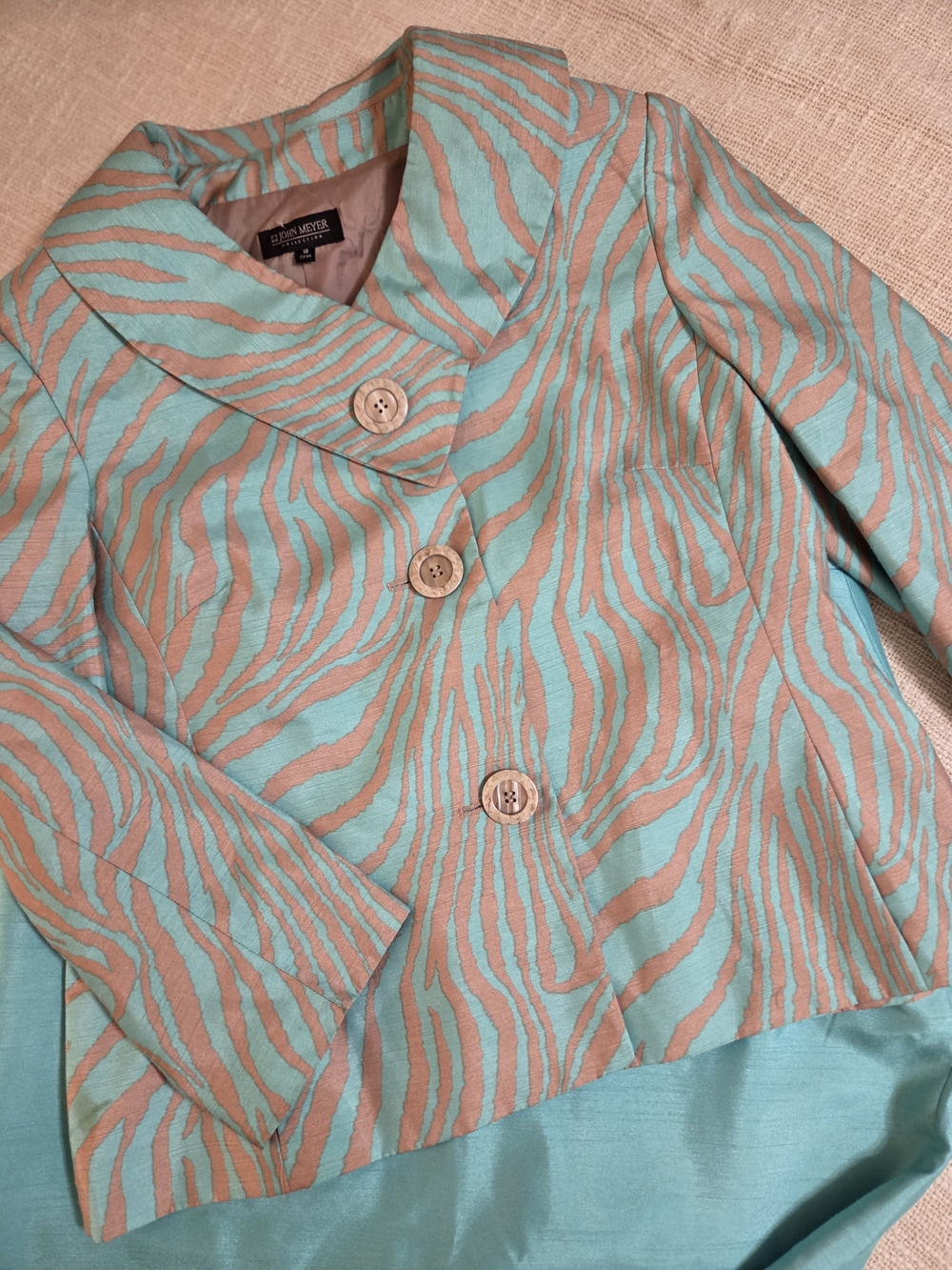 John Meyer Aqua and Tan Zebra-Print Suit